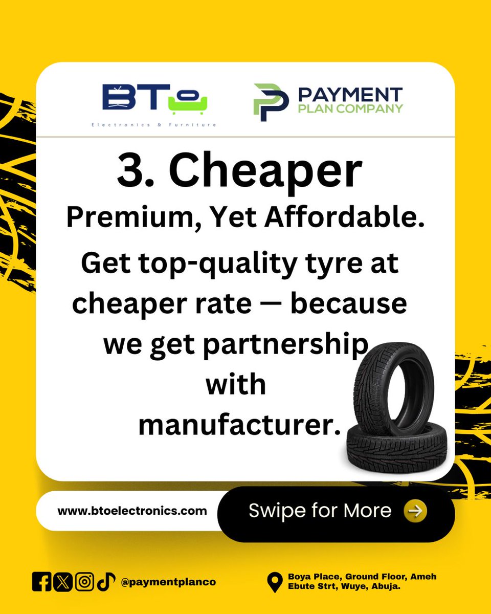 paymentplanco's tweet image. Why buy tyres from us?
✔️ Strong &amp;amp; reliable
✔️ Affordable prices
✔️ Easy payment plans

Drive safe. Pay small-small.
📍Wuye, Abuja
#Tyres #PaymentPlan #BTOLimited