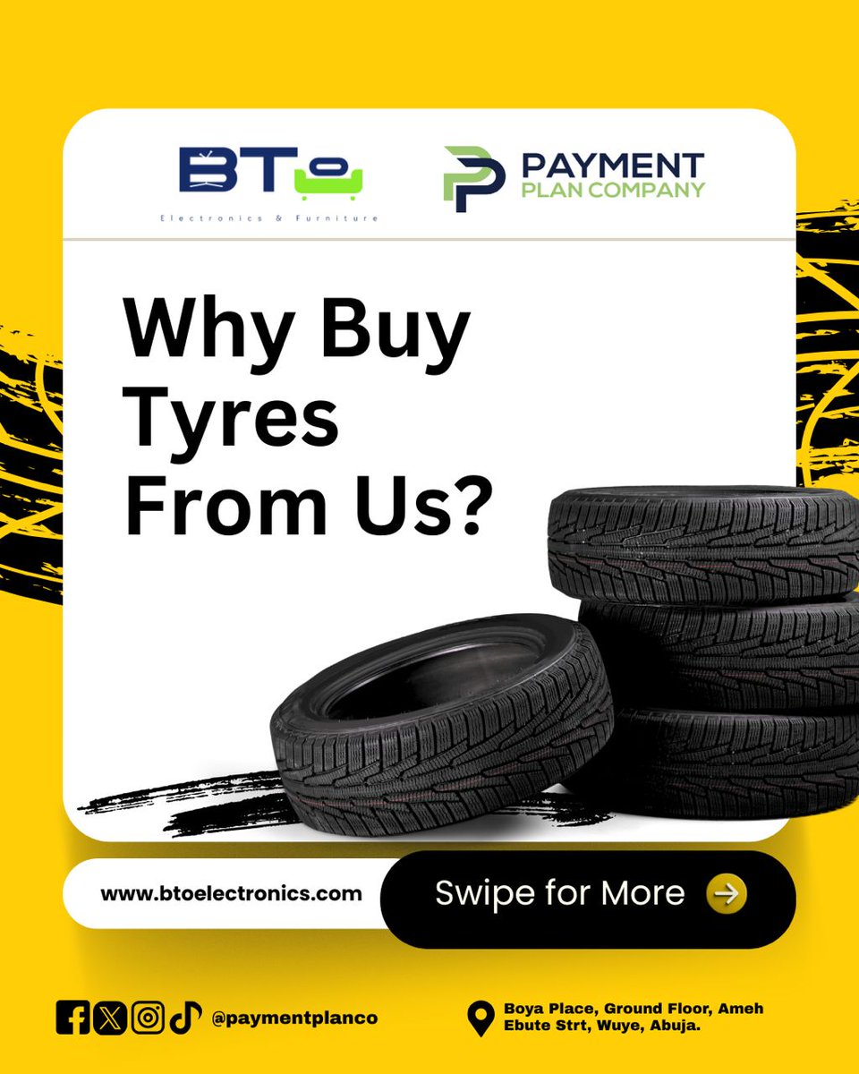 paymentplanco's tweet image. Why buy tyres from us?
✔️ Strong &amp;amp; reliable
✔️ Affordable prices
✔️ Easy payment plans

Drive safe. Pay small-small.
📍Wuye, Abuja
#Tyres #PaymentPlan #BTOLimited
