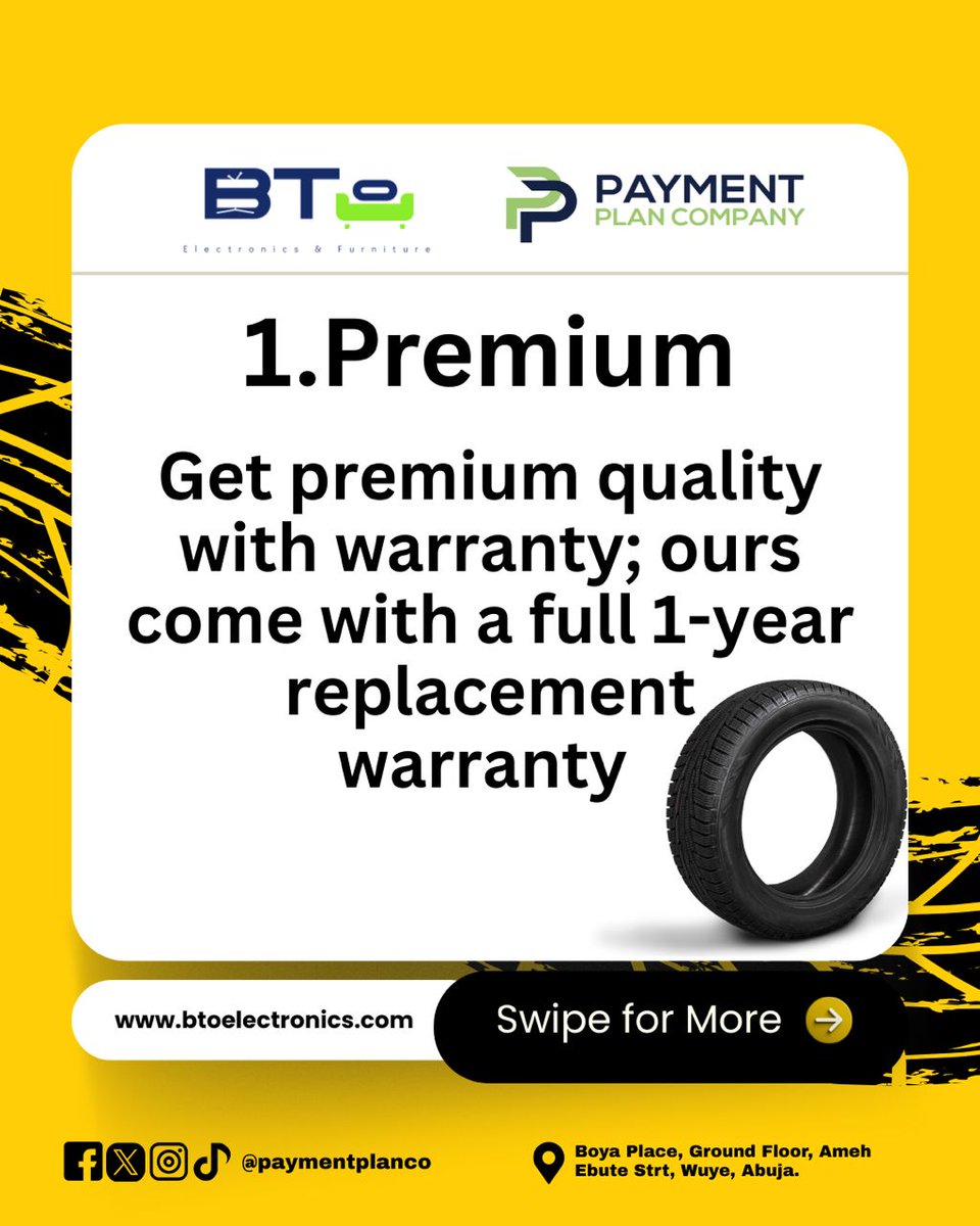 paymentplanco's tweet image. Why buy tyres from us?
✔️ Strong &amp;amp; reliable
✔️ Affordable prices
✔️ Easy payment plans

Drive safe. Pay small-small.
📍Wuye, Abuja
#Tyres #PaymentPlan #BTOLimited