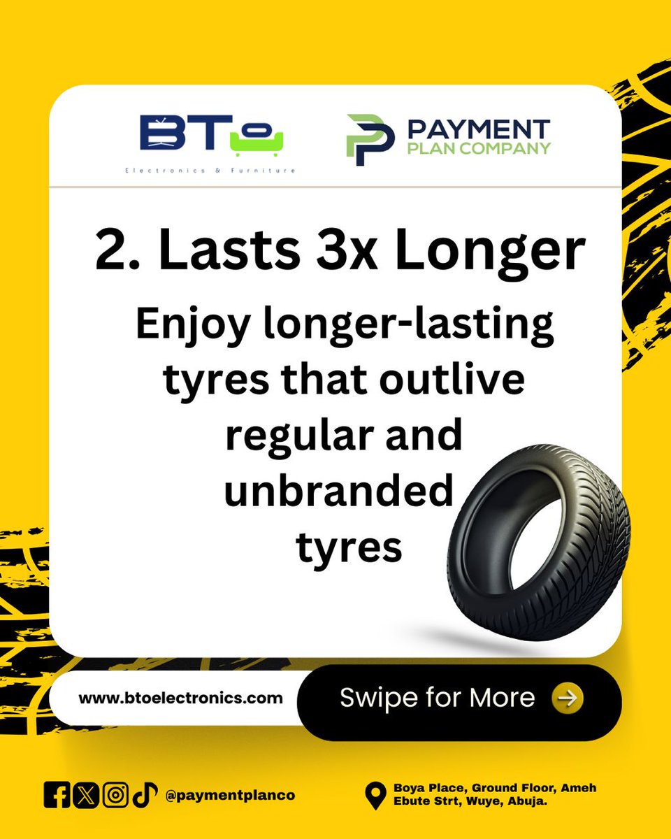 paymentplanco's tweet image. Why buy tyres from us?
✔️ Strong &amp;amp; reliable
✔️ Affordable prices
✔️ Easy payment plans

Drive safe. Pay small-small.
📍Wuye, Abuja
#Tyres #PaymentPlan #BTOLimited