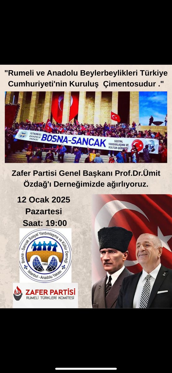 İstanbul Anadolu Yakası Bosna  Sancak Derneği’mize,
12 Ocak Pazartesi günü saat 19.00’da Zafer Partisi Genel Başkanı Sayın Ümit Özdağ konuk olacaktır.

Tüm halkımız davetlidir.
Birlikte buluşmak ve bu önemli programda yer almak üzere herkesi bekliyoruz.