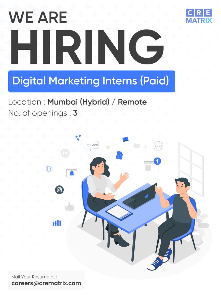 We’re hiring Digital Marketing Interns (Paid) at CRE Matrix. 📍 Mumbai (Hybrid) / Remote 🎓 Qualification: Graduate | Fresher 📌 Openings: 3 💼 Type: Paid Internship 📩 Apply / Refer: careers@crematri / (  #WeAreHiring #DigitalMarketingIntern