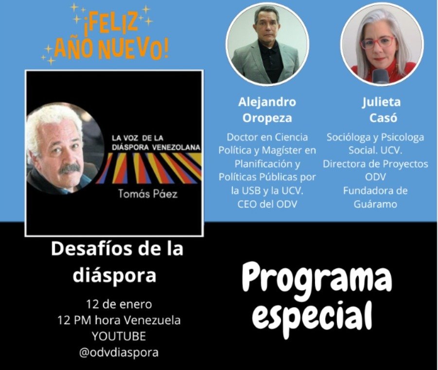 Lunes 12-1-2026 con Julieta Casó y Alejandro Oropeza, directores del Observatorio abordaremos los desafíos y la agenda de la diáspora venezolana en el presente año.
En el canal youtube ODVdiaspora.org