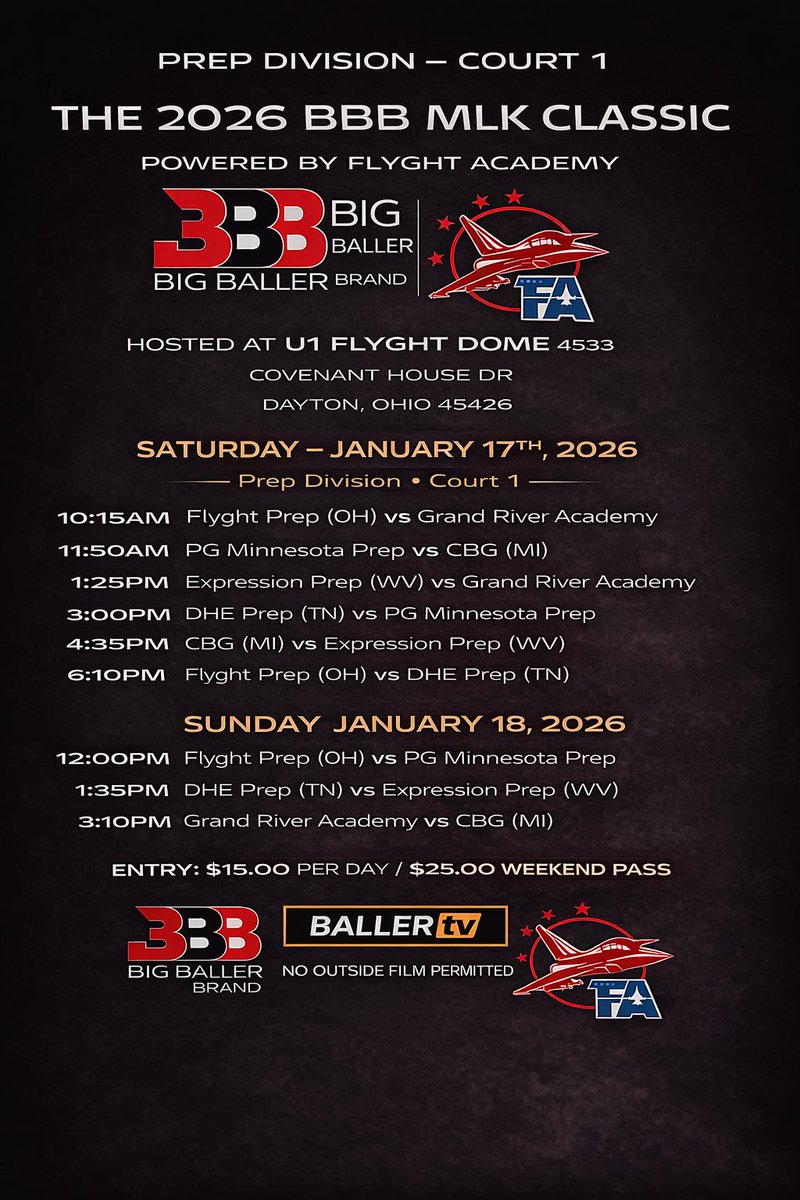 BBBIncEvents's tweet image. Coaches &amp;amp; hoop fans — don’t miss the @bigballerbrand MLK Classic
🏀 Jan 17–18, 2026
🎥 LIVE on BallerTV
Hosted by @FlyghtPrepBB 
High-level collegiate talent competing all weekend.
@JustinW_CBGPrep