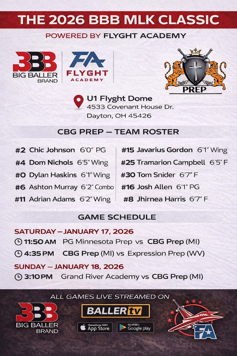 BBBIncEvents's tweet image. Coaches &amp;amp; hoop fans — don’t miss the @bigballerbrand MLK Classic
🏀 Jan 17–18, 2026
🎥 LIVE on BallerTV
Hosted by @FlyghtPrepBB 
High-level collegiate talent competing all weekend.
@JustinW_CBGPrep