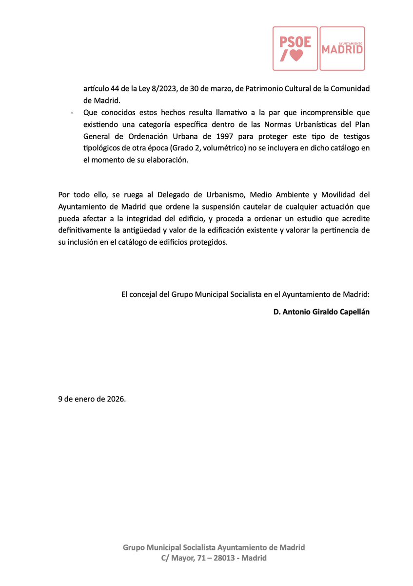giraldeo's tweet image. Os informo que he solicitado al delegado de Urbanismo, Medio Ambiente y Movilidad de Madrid la suspensión URGENTE e INMEDIATA del derribo de ambos inmuebles, y así lo he registrado. Para su estudio en profundidad y su catalogación por el altísimo valor histórico y tipológico.