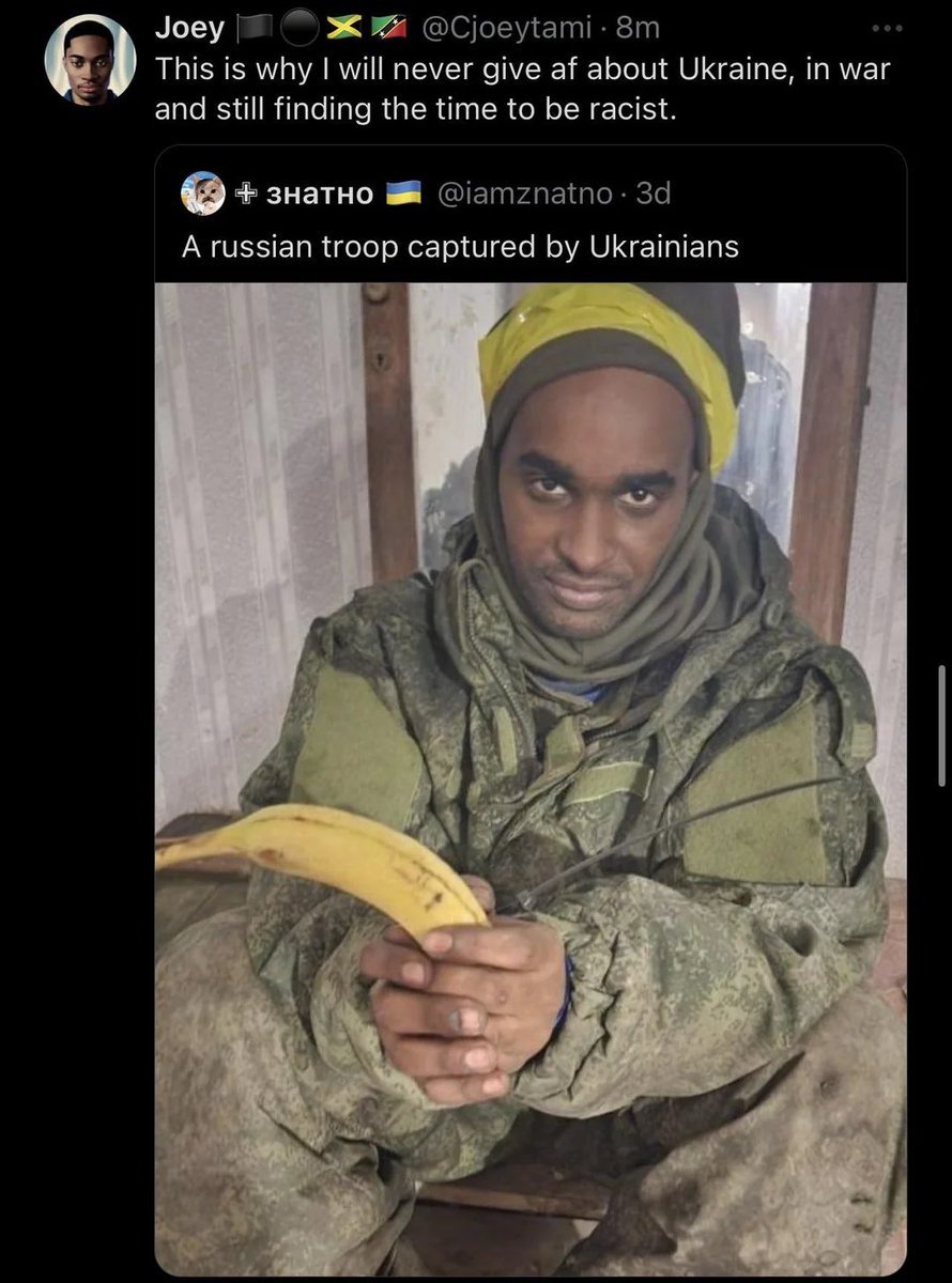 dim0kq's tweet image. Btw just reminding that people here hated on Ukraine for giving a black PoW banana.

ZERO fucking outrage when Russians used them as expendable delivery guys for TM-62 mines.