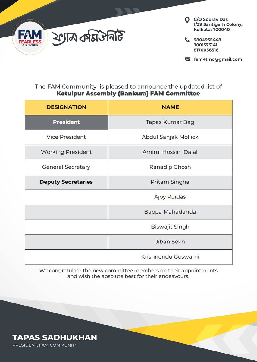 PPMukherjee1's tweet photo. The FAM Community is pleased to announce the updated list of Kotulpur (Bankura) Assembly FAM Committee.

We congratulate the new committee members on their appointments and wish the absolute best for their endeavours. 

#FAM4TMC https://t.co/6TmAJY53In