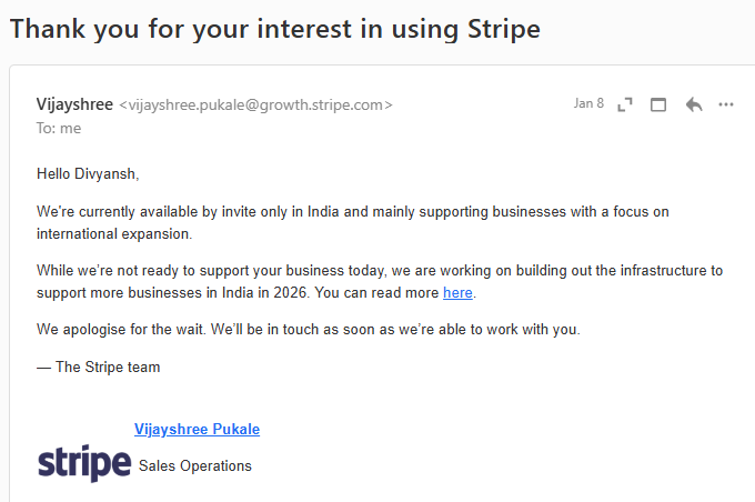 Divyansh_320's tweet image. Got rejected by Stripe India today.

Turns out they’re still invite only here and not fully set up to support everyone yet.

A bit frustrating, but part of building from India

Looking for alternatives and pushing forward anyway

#buildinpublic #saas #indiebuilder #startupjourney