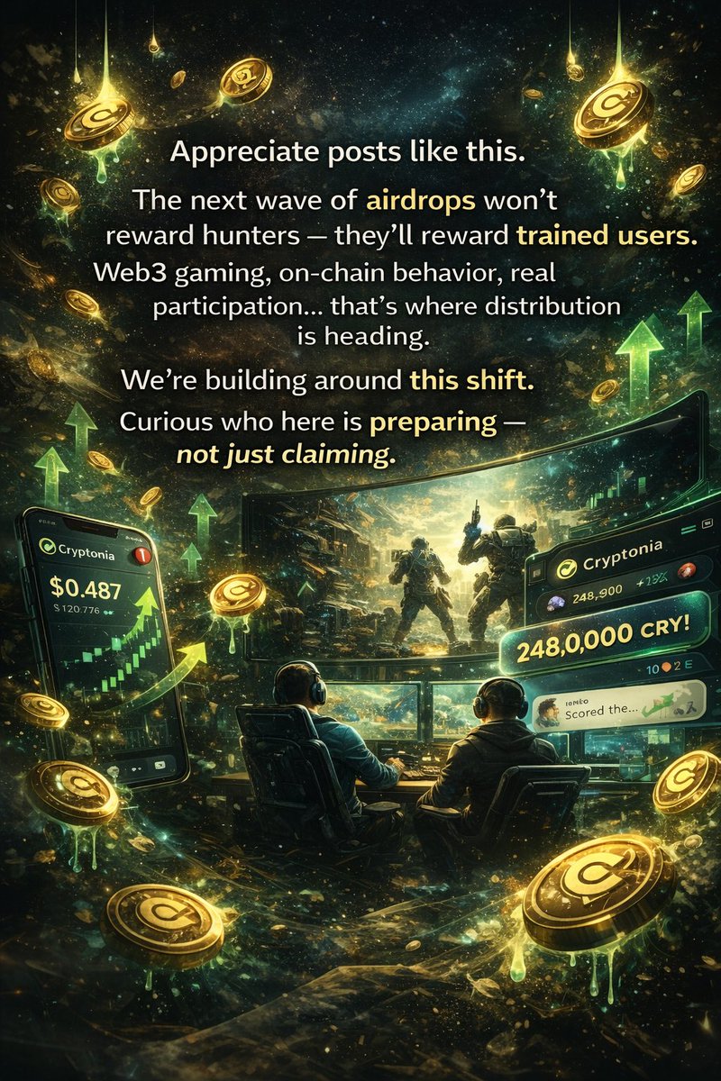 CryptoniaGlobal's tweet photo. The next airdrops wonβt reward hunters β they reward trained users.
Web3 gaming, on-chain behavior, and real participation are the future.
At Cryptonia (CRY), weβre building where early strategy pays.
#Cryptonia #Web3 #Airdrop #CryptoGaming #Blockchain #CRY #DeFi #Gaming https://t.co/3e1RWbEFo9