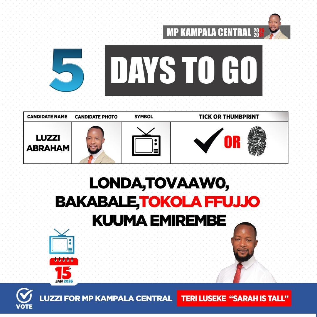 Brian__Skid's tweet photo. Just 5 days to go, vote precisely 

#KampalaCentralMPAspirant #AbrahamLuzzi #UgandaDecides2026 https://t.co/yOGMgBPYUR