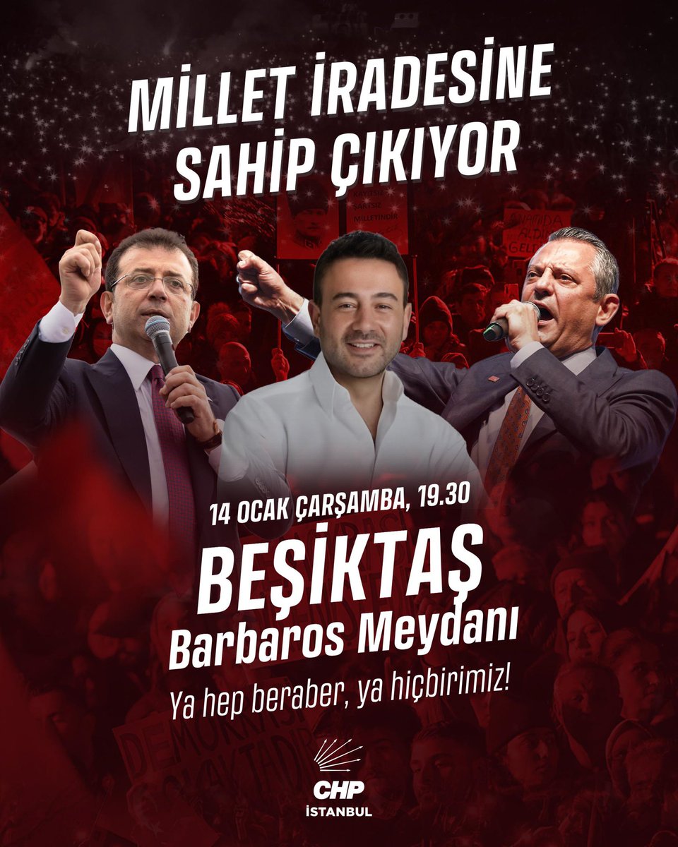 ozgurcelik1919's tweet photo. Adalet, demokrasi ve hürriyet için meydanlardayız!

Genel Başkanımız Özgür Özel’in öncülüğünde, Cumhurbaşkanı adayımız Ekrem İmamoğlu, Beşiktaş Belediye Başkanımız Rıza Akpolat ve tüm yol arkadaşlarımızın özgürlüğü için buluşuyoruz.

📍Beşiktaş Barbaros Meydanı
🗓️14 Ocak Çarşamba | 19.30