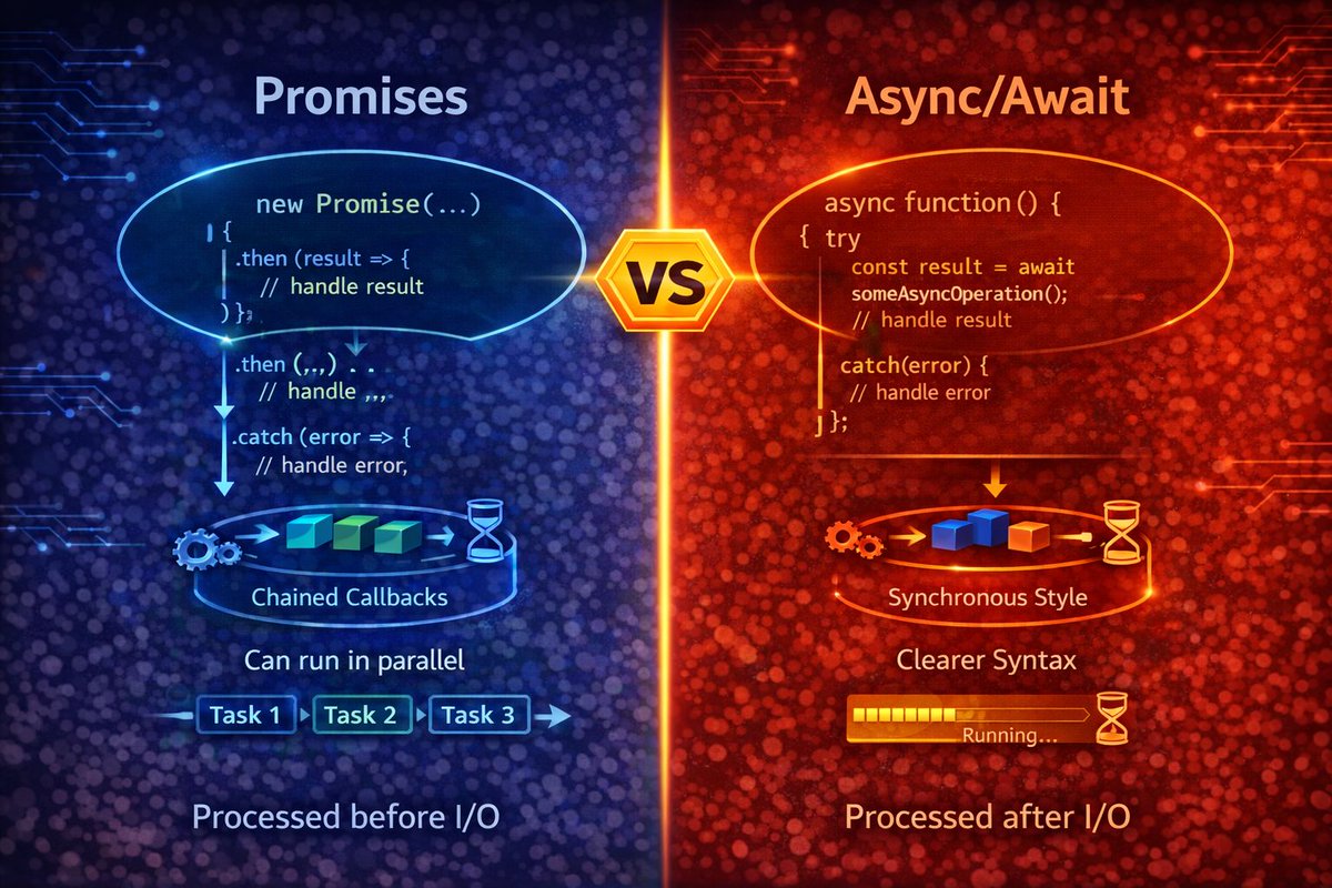 Urvish__Sojitra's tweet photo. Async/Await is just Promises in a tuxedo!🎩

It's about readability, not capability. 

Remember: Await runs sequentially.  

Use Promise.all() for parallel tasks.  

The event loop never sleeps!  

How do you handle concurrency in JS?  

#JavaScript #AsyncAwait #Promises #NodeJS https://t.co/wMJNSaZdef