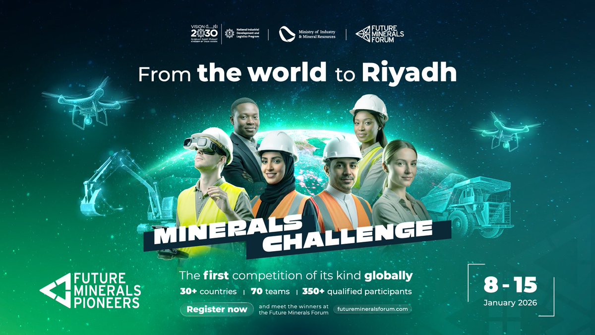 الرياض تستقبل العالم في #تحدي_المعادن منافسة نوعيّة تجمع ابتكارات العالم بمشاركة أكثر من 30 دولة و70 فريق من #رواد_مستقبل_المعادن 🇸🇦

Riyadh welcomes the world at the #FutureMineralsChallenge, a unique competition bringing together global innovations with participation from over