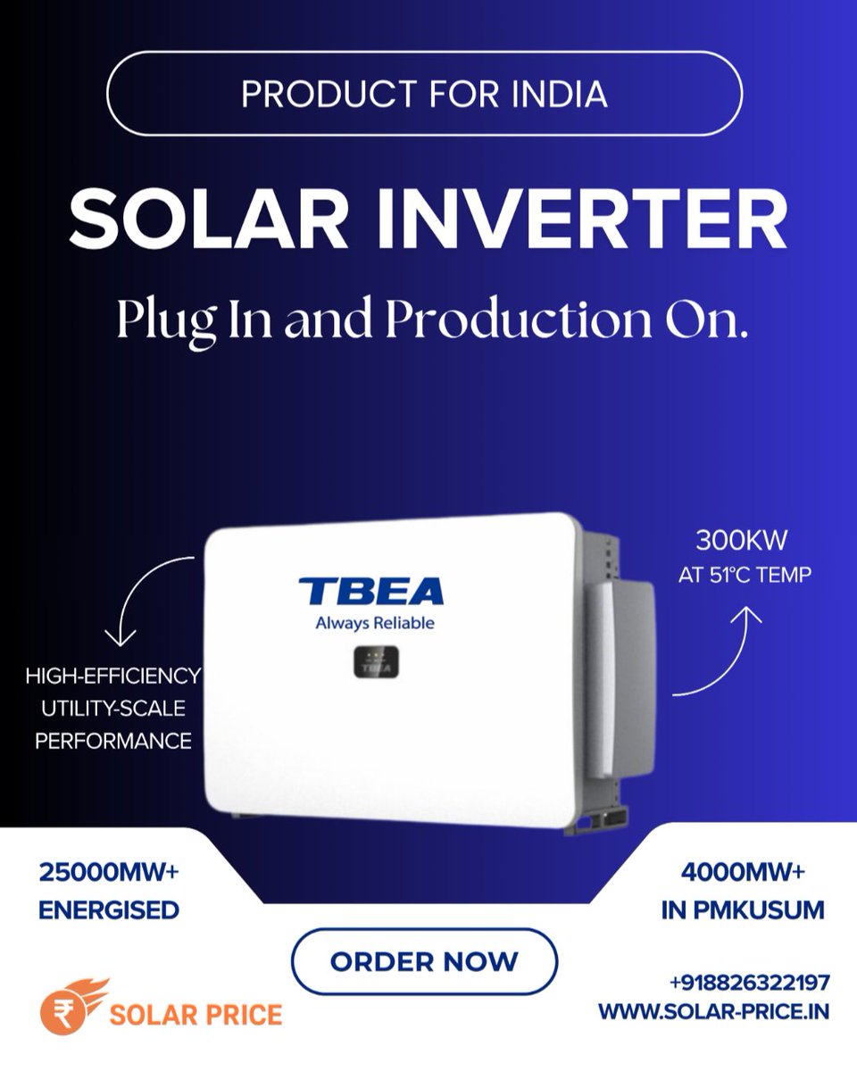 SolarPriceIndia's tweet image. TBEA – A Trusted Name in Utility &amp;amp; PM-KUSUM Solar ☀️⚡
With 25GW+ commissioned in India, strong presence in PM-KUSUM, and robust Make in India manufacturing, TBEA string inverters are proving their reliability across diverse Indian conditions.