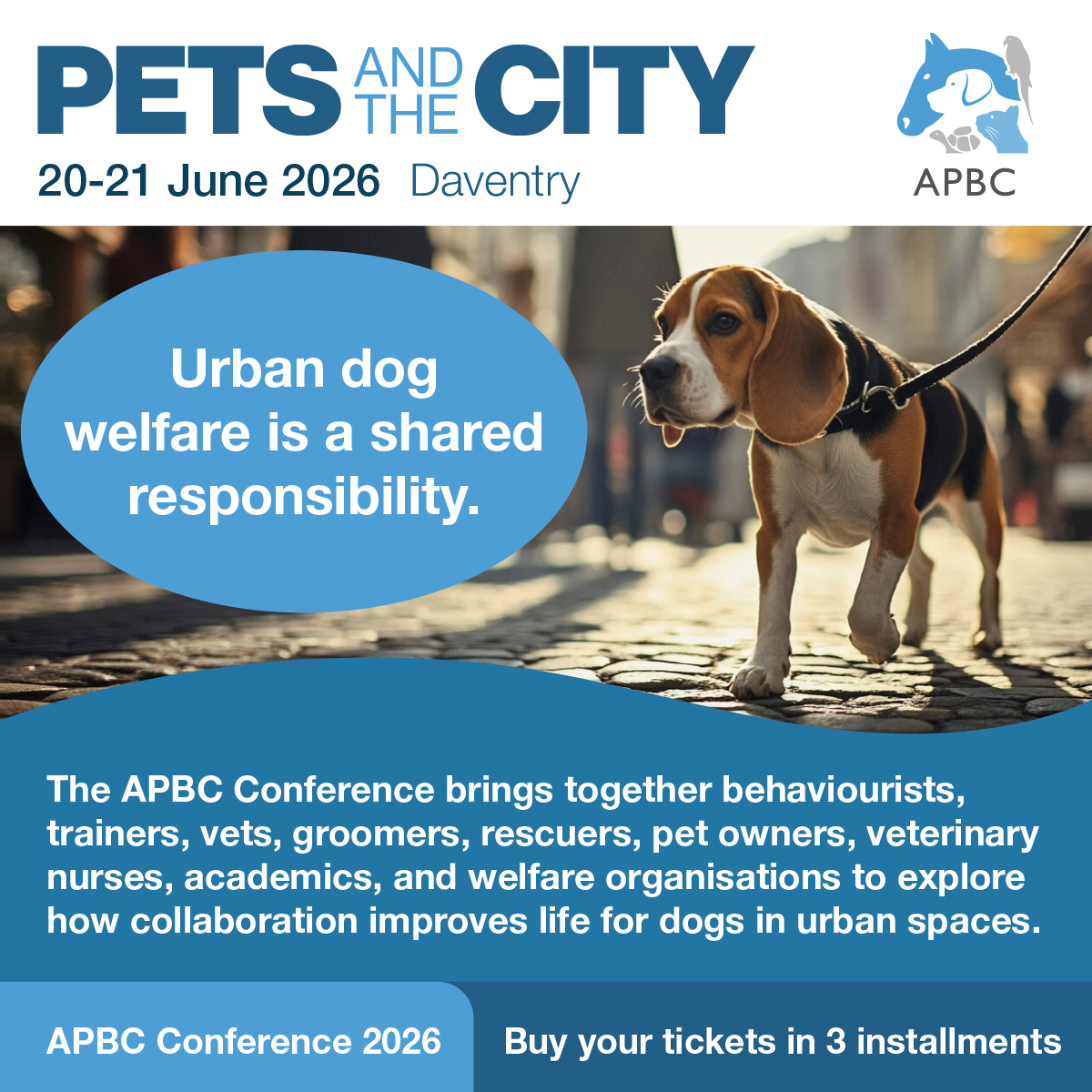Official_APBC's tweet photo. The APBC Conference 2026 brings this diverse community together to explore how shared understanding leads to better welfare outcomes for dogs living in towns and cities. 

Book your space today: https://t.co/2QmUNdsotR 

#apbc #apbcconference2026 #companionanimals #pets #dogs https://t.co/QgMNLxohLB
