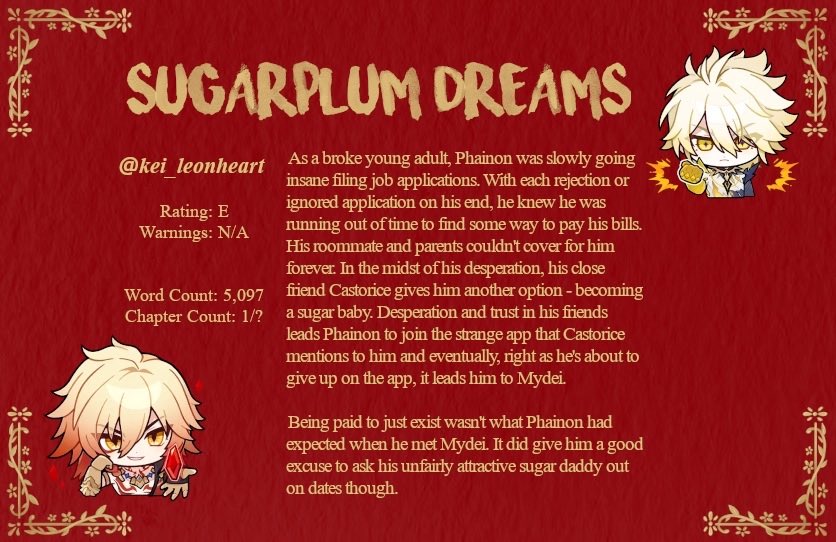 myphaifest's tweet photo. 𖤓 Sugarplum Dreams
By: @kei_leonheart 

#myphai | Explicit | Ongoing 1/?

𖤓 5k words
𖤓 sugar daddy mydei x sugar baby phainon
𖤓 romantic fluff

🔗: https://t.co/IUvvfyDegW https://t.co/bsJz8HSSAL