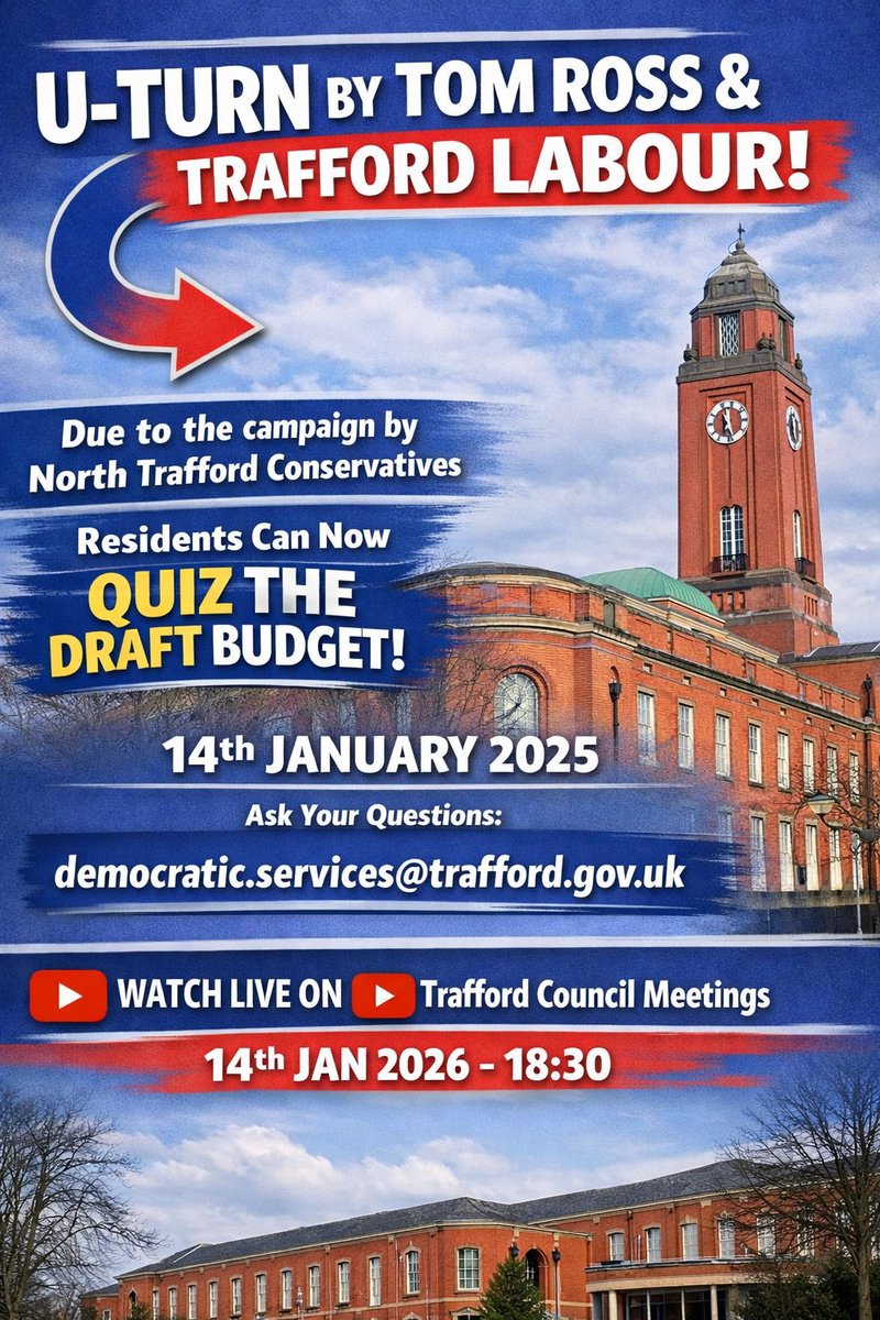 🚨 U-TURN! 🚨
After pressure from North Trafford Conservatives, Labour &amp; <a href="/TomWRoss/">Cllr Tom Ross</a> Ross have backed down.
Residents can now question Trafford’s Draft Budget.
🗓 14 Jan | 6:30pm
democratic.services@trafford.gov.uk
📺 YouTube: Trafford Council Meetings
Democracy wins #trafford