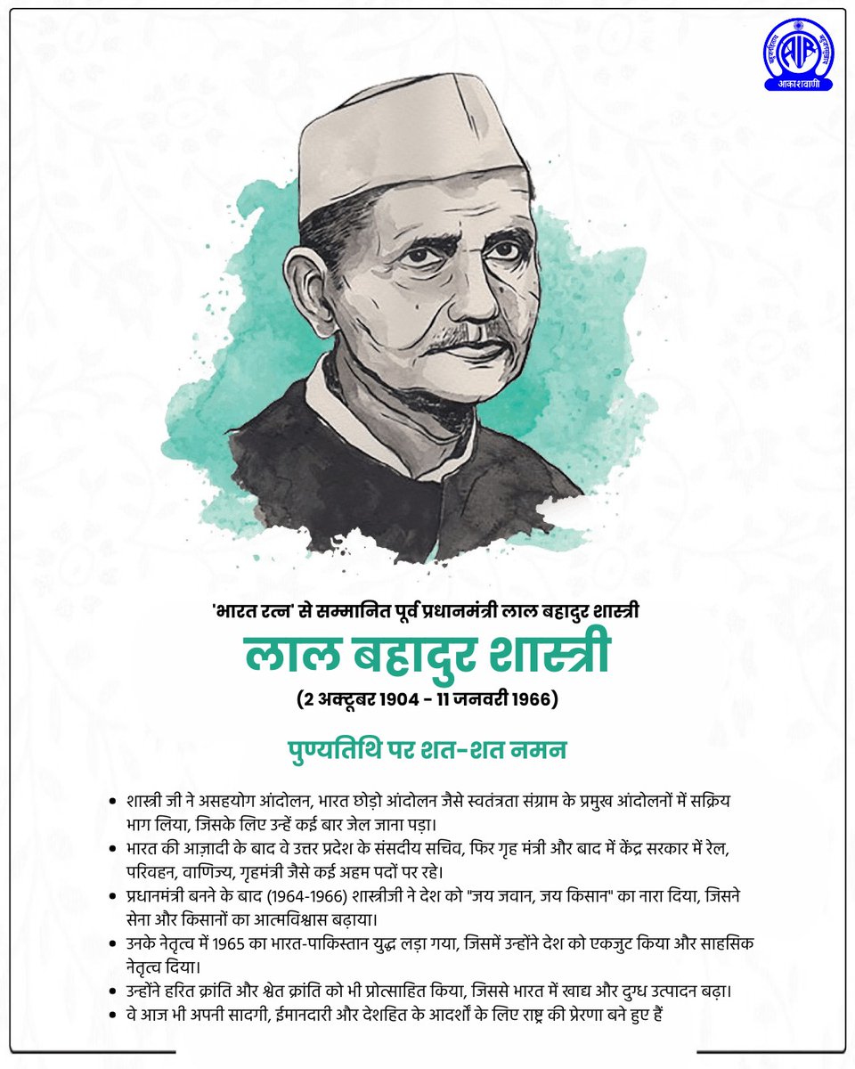 AkashvaniAIR's tweet photo. सच्चाई, ईमानदारी और सादगी के प्रतीक पूर्व प्रधानमंत्री, 'भारत रत्न' लाल बहादुर शास्त्री की पुण्यतिथि पर शत-शत नमन🙏

@MIB_Hindi 
@AIRNewsHindi https://t.co/upV8vGqW7t