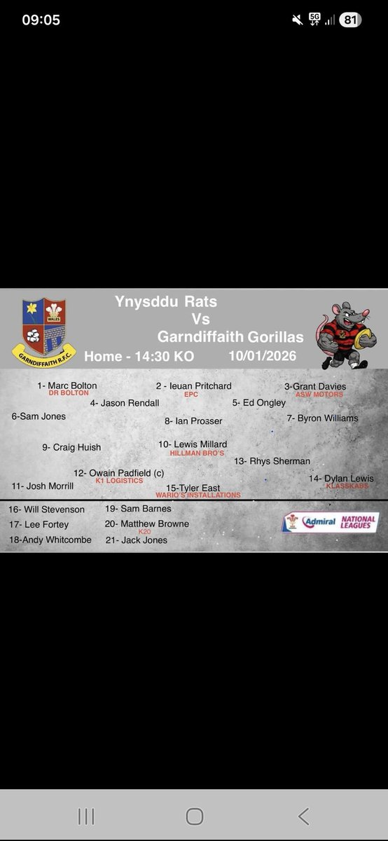 💥 Here's how we line up for our home game against Garndiffaith Gorillas 🙌