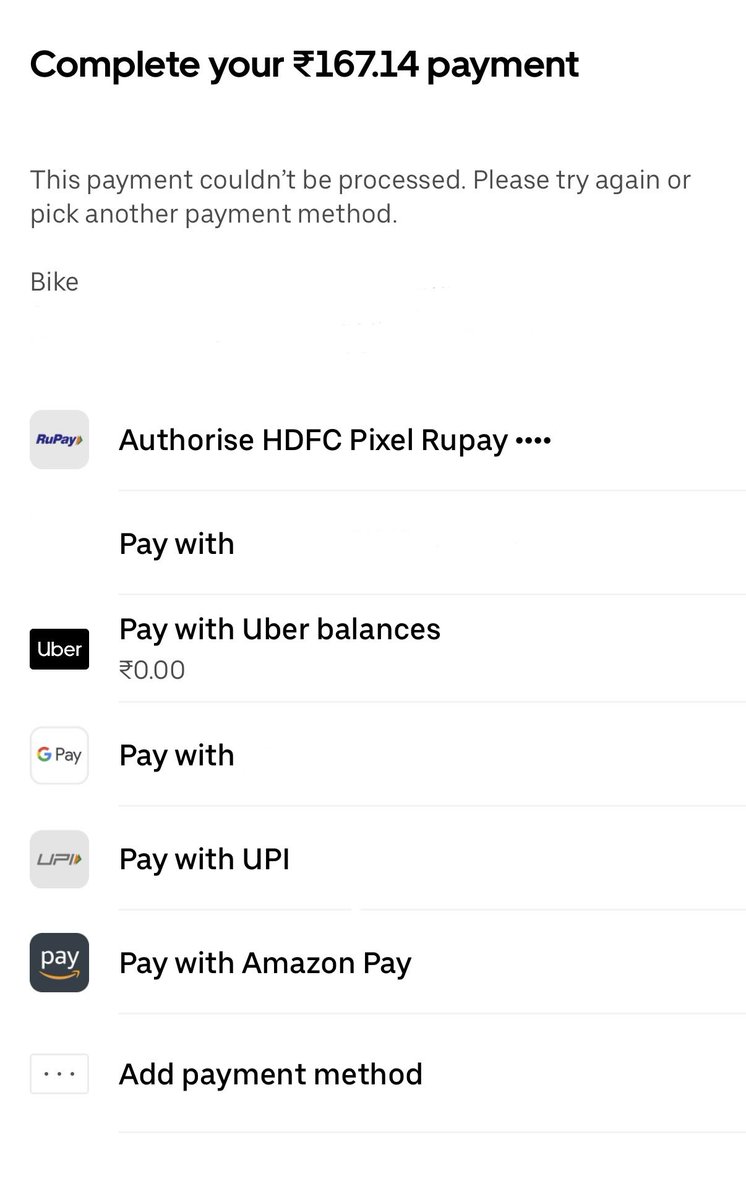 pttmjmdr's tweet photo. Why isn’t @HDFC_Bank @HDFCBank_Cares allowing me to pay by #hdfc #pixel #creditcard on @Uber_India @Uber @Uber_Support ?? I am getting below error. Why? Don’t give #bullshit excuse of “delete the card & add again”. I want to pay this by #hdfcpixel card. @RBI https://t.co/RlFOuKvPiA