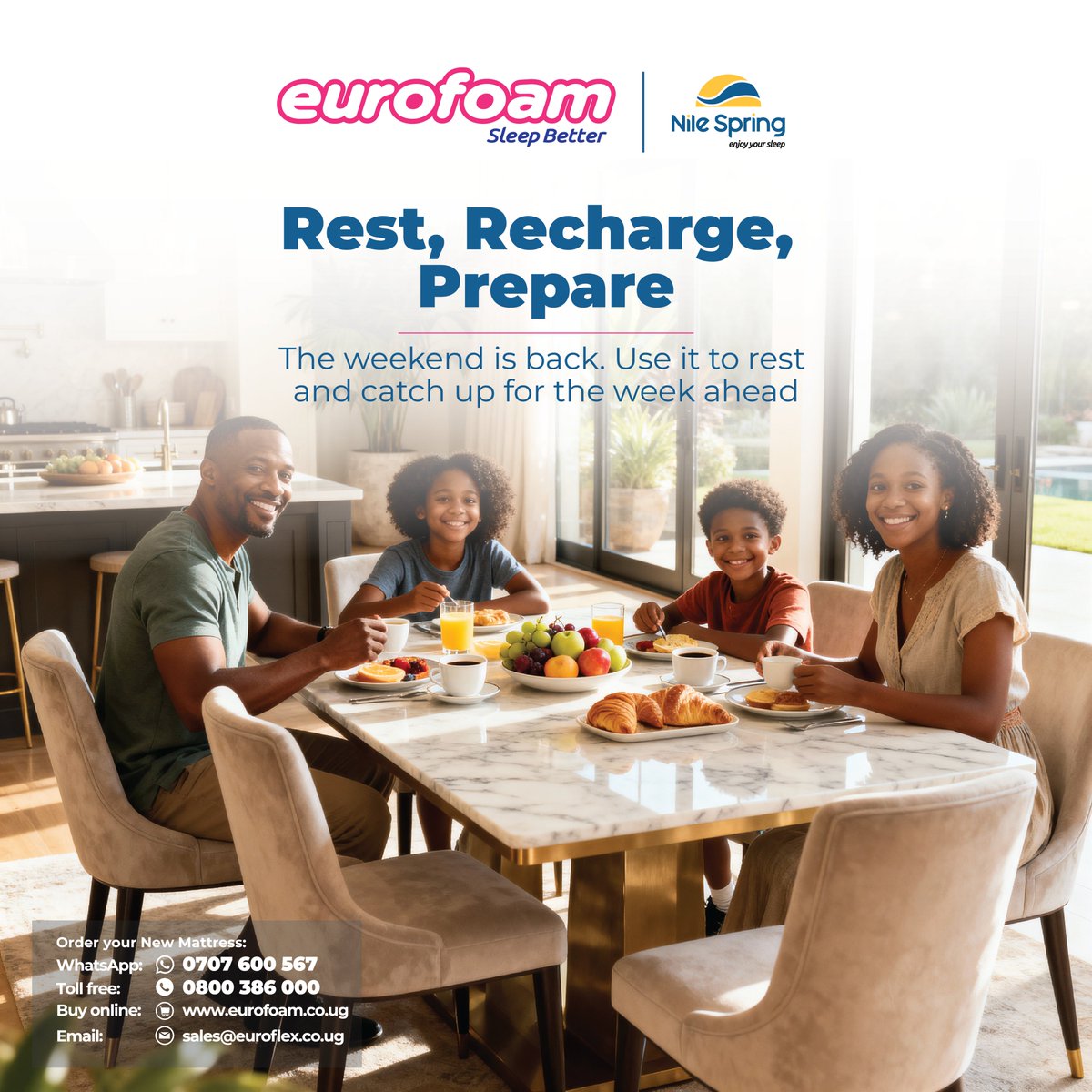 eurofoamuganda's tweet photo. Rest &amp; recharge on eurofoam and Nile Spring mattress to enable catch up with your family as you prepare for week ahead. Eurofoam Sleep Better! #Enjoyyousleep #weekendvibes😎 https://t.co/7HYJmAb6iD