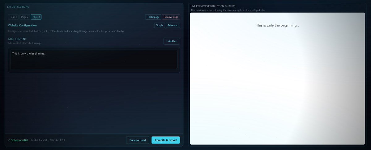 Website Compiler update on $AETH

We made solid progress on the Page UI and page-level architecture today.

Multi-page support is now properly implemented with page tabs, active page state, and add/remove logic capped at five pages. Each page maintains its own schema state, and