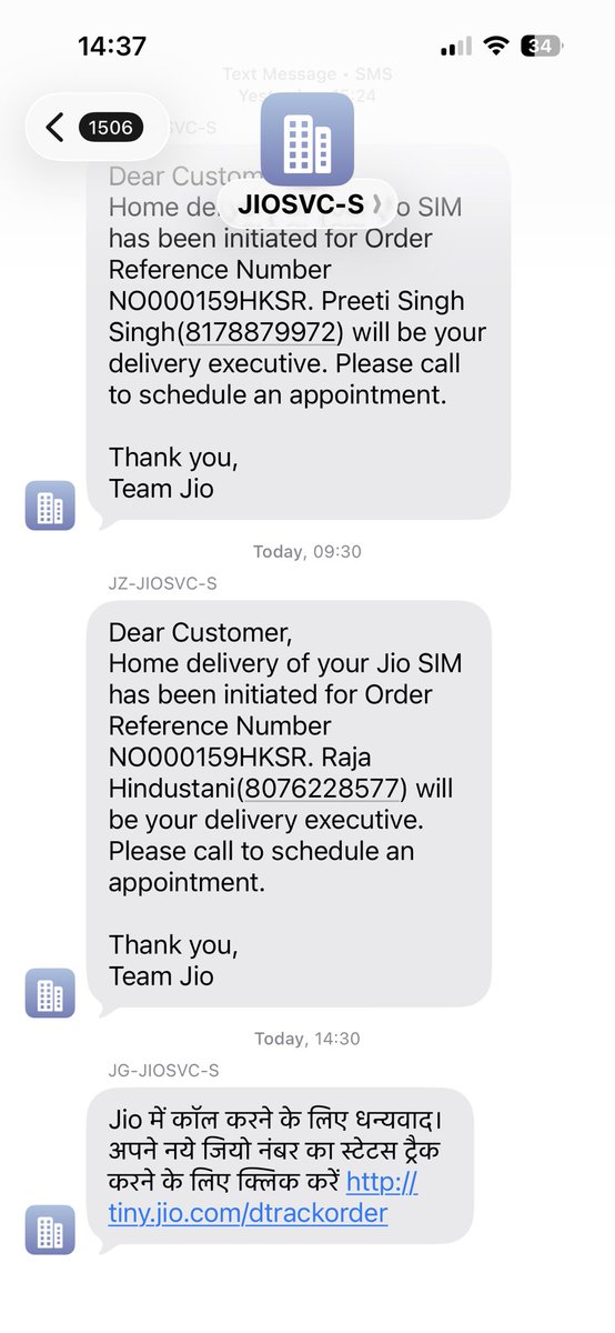 Akarsh_Says's tweet photo. @reliancejio @JioCare what a bad service and bad experience for the customer. The numbers which you provide in the SMS is wrong from past two days. I have been trying to contact the delivery agent, but I’m not able to. I have paid the amount to get my Sim. Horrible. https://t.co/H98Q5iAcKX