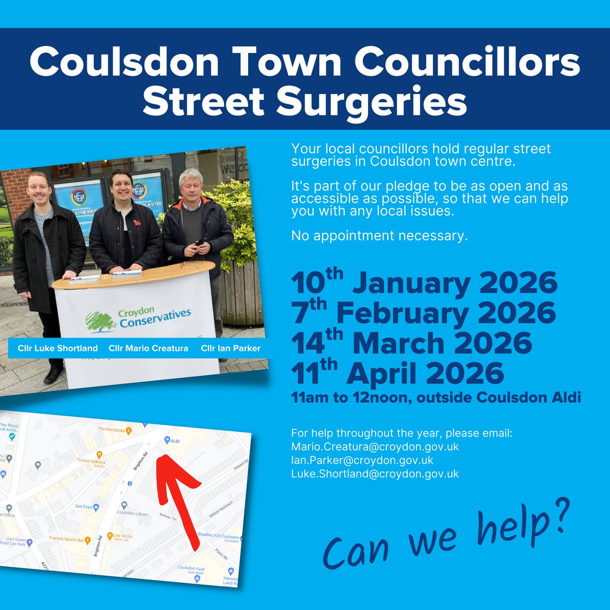 MarioCreatura's tweet photo. Iโll be out today with @CllrIanParker and @LukeForCoulsdon holding our help & advice surgery in #Coulsdon.
๐ Saturday 10 January
โฐ 11amโ12 noon
๐ Outside Coulsdon Aldi
No appointment needed - if youโve got a local issue, question or concern, just come and have a chat. https://t.co/chZNKAsu9l