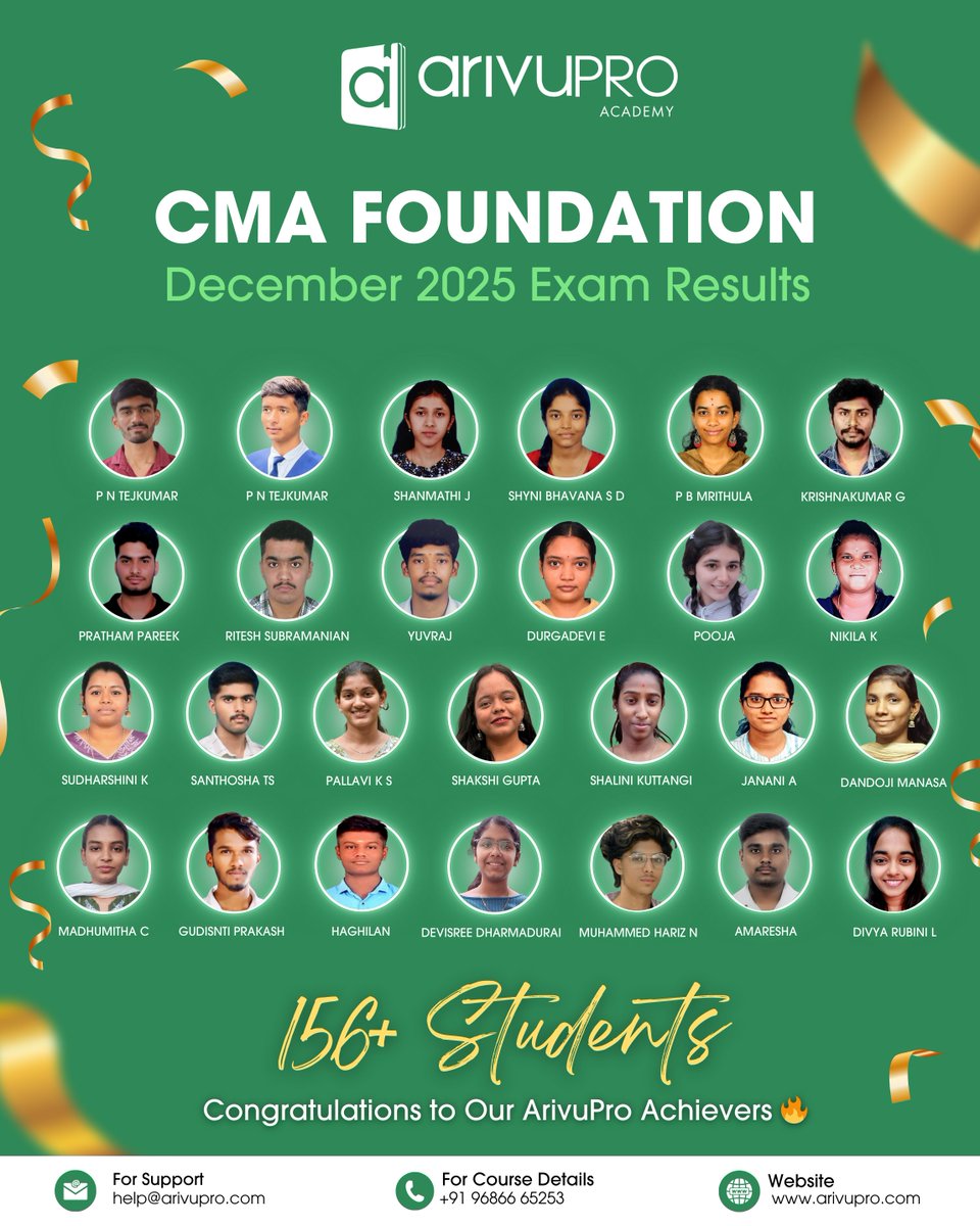 ArivuPro's tweet photo. 🎉 156+ ArivuPro Achievers Cleared CMA Foundation – December 2025! 

This achievement is just the beginning —
Here’s to bigger dreams, higher goals, and a powerful CMA journey ahead! 🔥 https://t.co/jmELwVN0ye