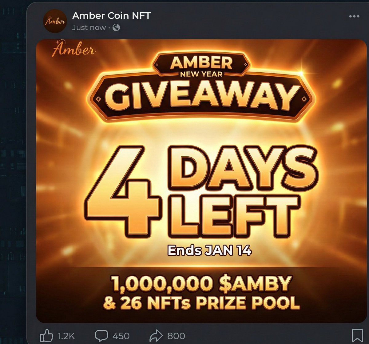 DeFi_Bulb's tweet image. Only 4 DAYS LEFT to enter the massive @Amber_coin_nft New Year Giveaway! 

​💰 Prize Pool: 1,000,000 $AMBY
🎟️ Bonus: 26 Amber Pass NFTs up for grabs

CA: 4xXcfrDu98AUfXVo1mA7zSC9ssAtnndMDbBaxyBxpump

​Ends Jan 14th. Don't fade this chance to start 2026 with a win! 🚀

#AMBY