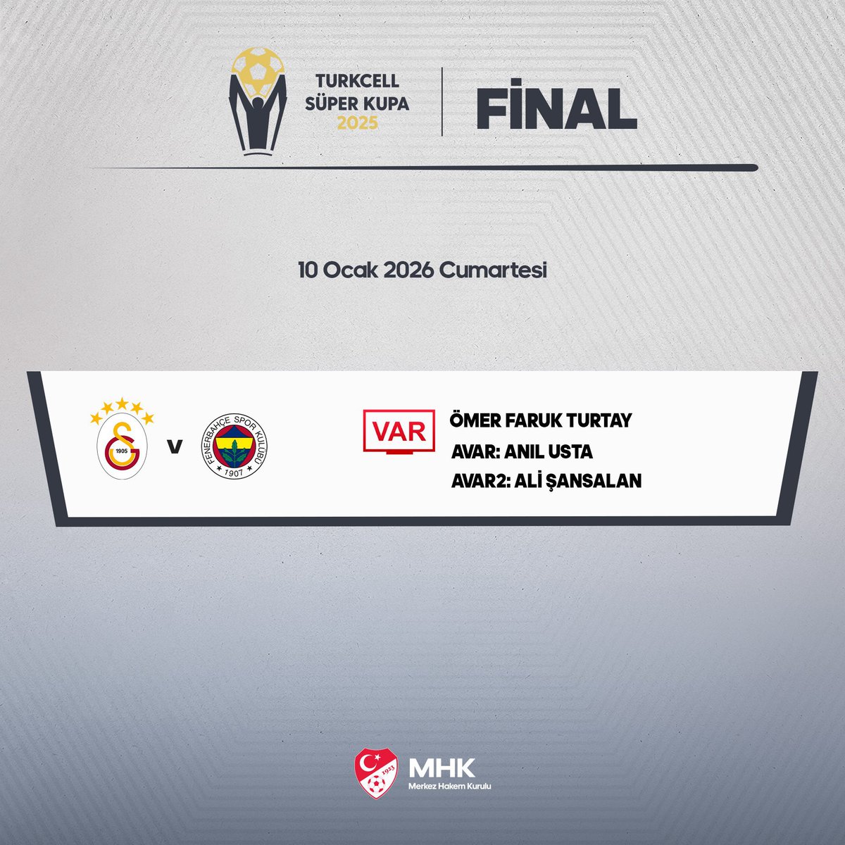 Galatasaray-Fenerbahçe arasında oynanacak Süper Kupa Finali'nin VAR hakemi Ömer Faruk Turtay oldu.