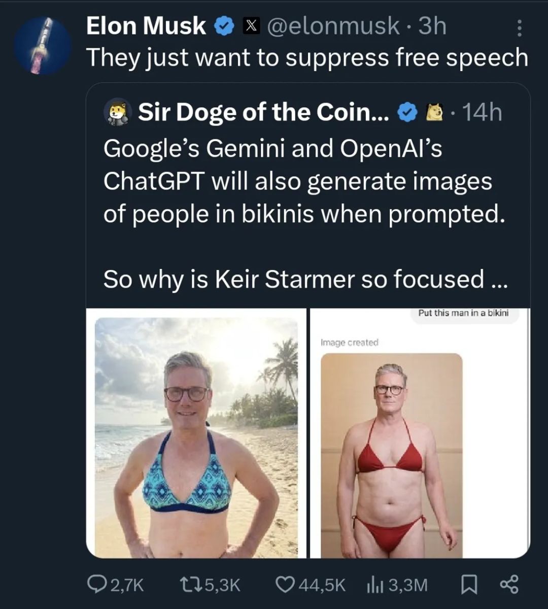 Lo screenshot che vedete è quello che succede quando un governo cerca di regolamentare una piattaforma e il proprietario della stessa piattaforma reagisce attaccando direttamente il capo del governo.

Keir Starmer, premier britannico, ha affermato che "tutte le opzioni sono sul