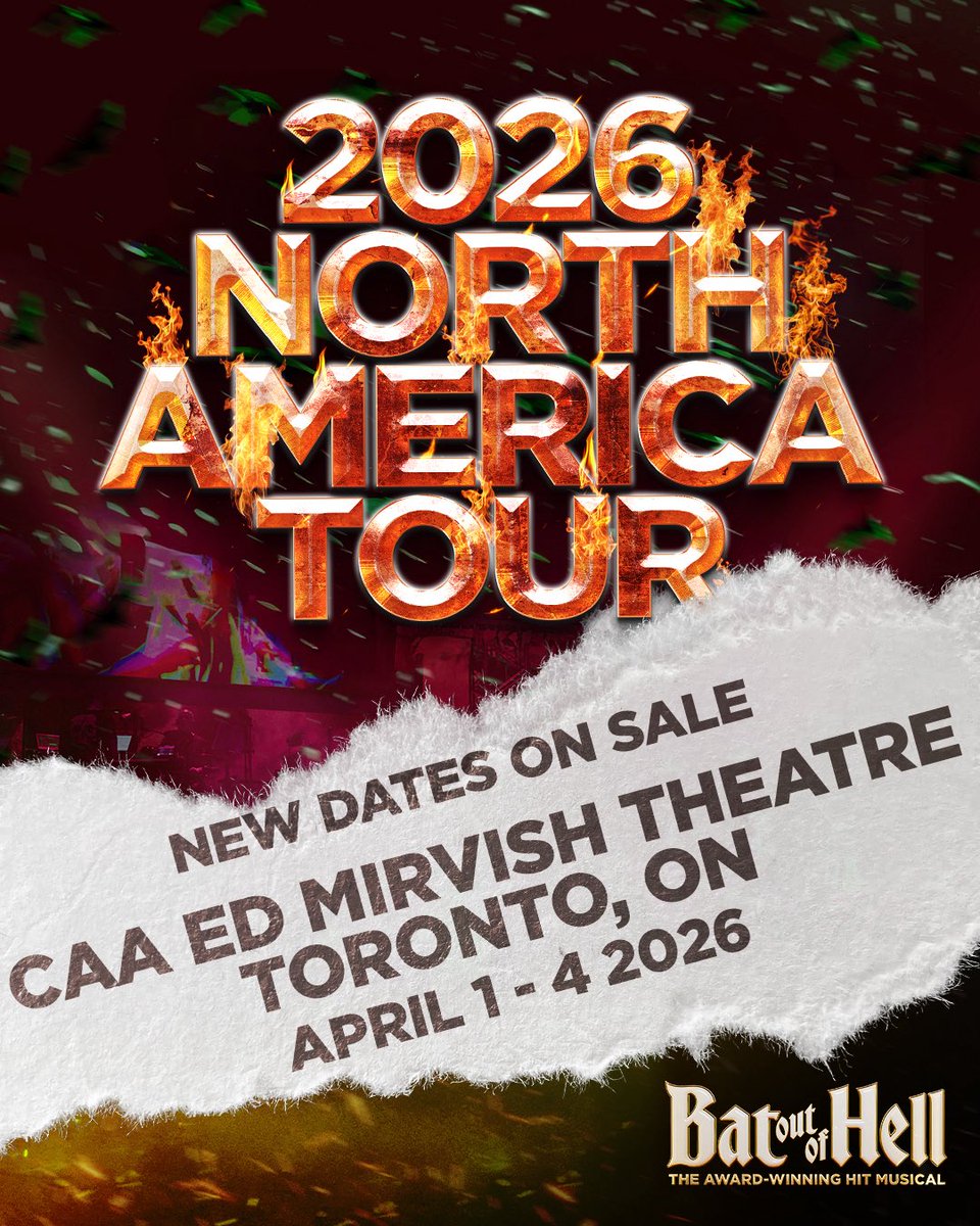 NEW TORONTO SHOWS - NOW ON SALE!

Our April 1st and 2nd dates can no be booked at mirvish.com. 

#BatOutOfHell