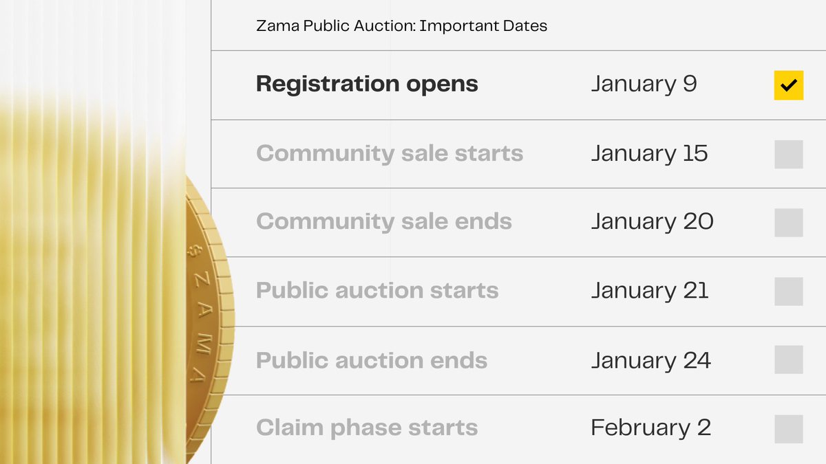 💥 <a href="/zama/">Zama</a> Public Auction registration live

🔗auction.zama.org/register
✅Connect Wallet
✅Select Account Type
✅Complete KYC 
✅Enter Wallet Address for whitelist

📆Community Sale - 15 Jan
📆Public - 21 Jan
🪙Claim - 2 Feb

🧵More details in my previous post

💙Like
🔁RT