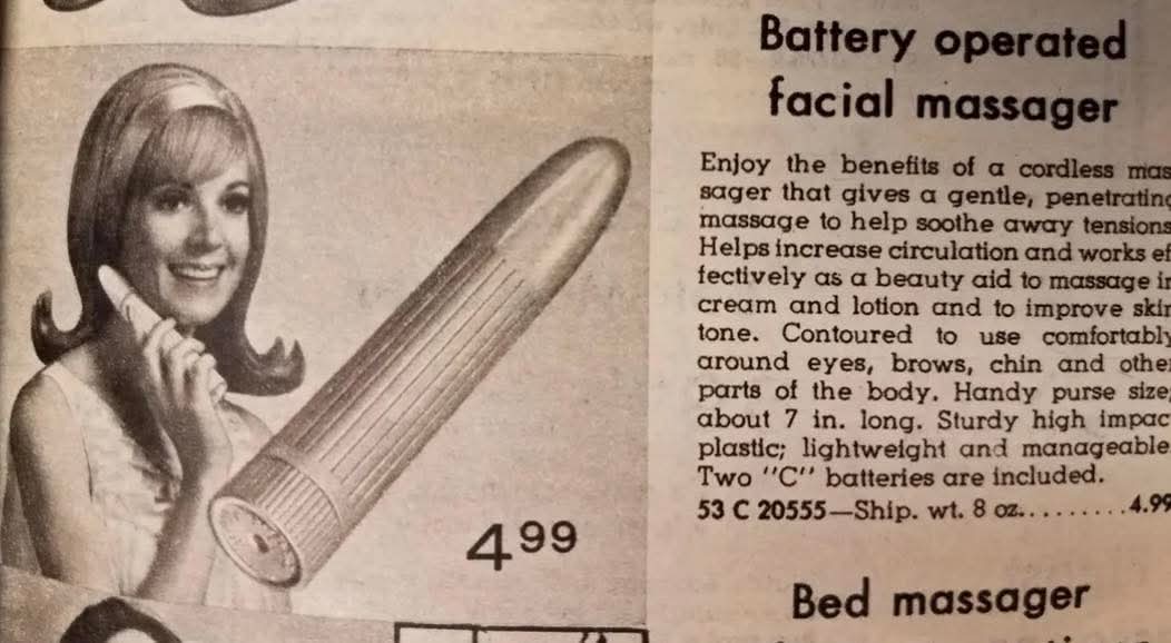 archeohistories's tweet image. A 1971 Montgomery Ward catalog featured what they called a “battery-operated facial massager”, advertised as delivering a gentle, penetrating massage for relaxation and circulation. Marketed as a beauty tool, it was meant to reduce tension and improve skin tone, sold for $4.99…