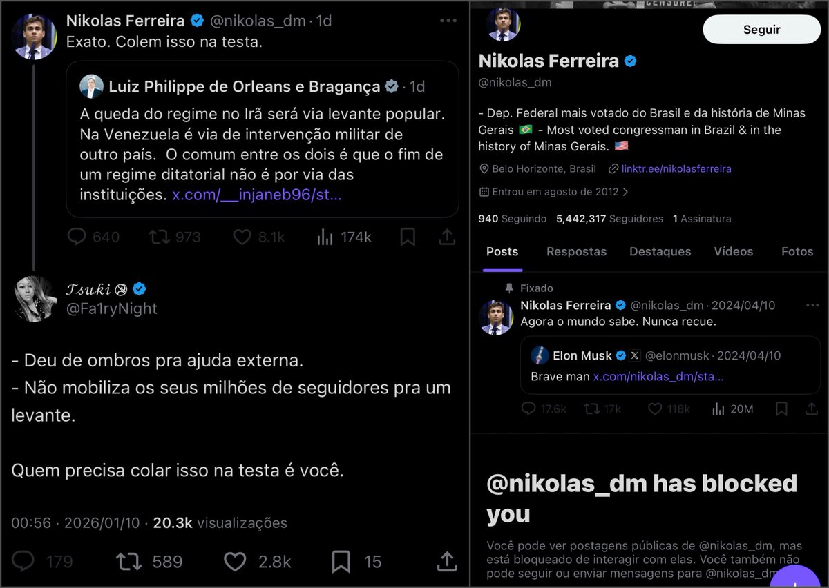 Fui responder uma pessoa e…

De todos os comentários que já fiz para e sobre o Nikolas, aparentemente foi este que resultou em um bloqueio. O deputado não soube lidar com o efeito bumerangue no mesmo nível da partida.
“Colem isso na testa” é uma fala repulsiva e hierarquizada.