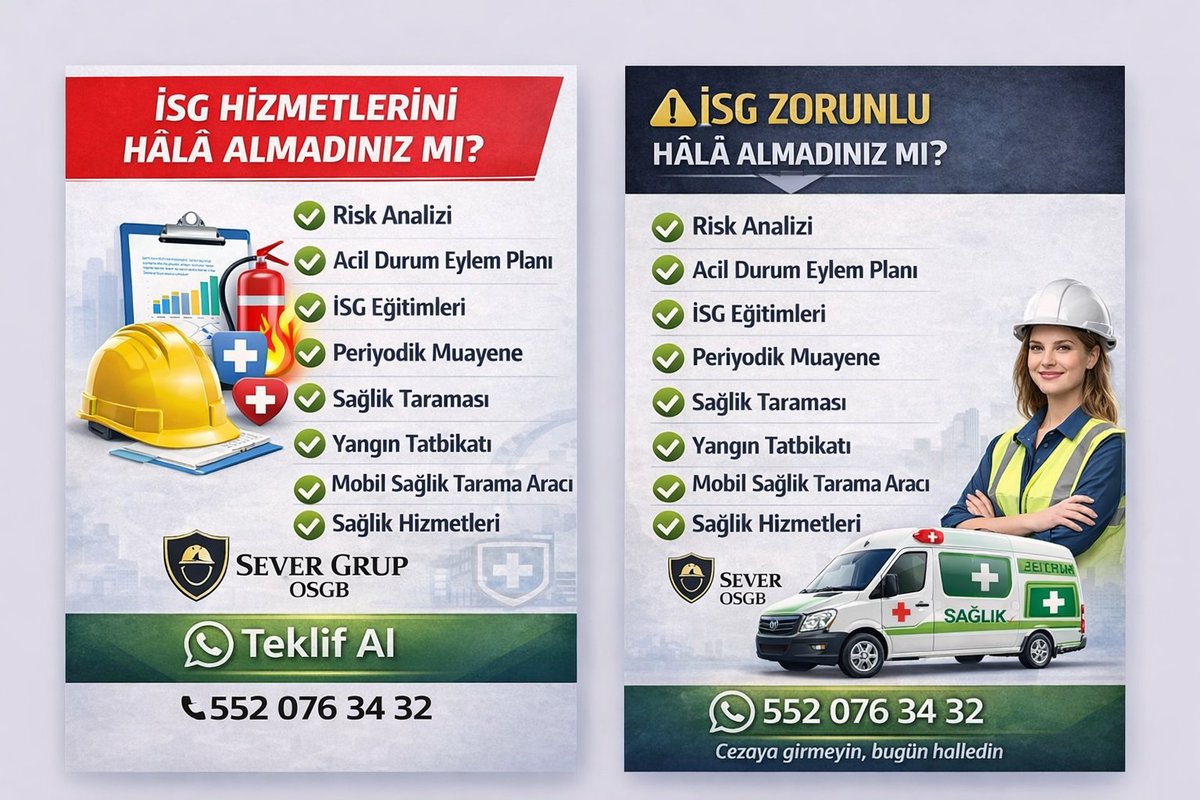 Sever Grup OSGB
İş sağlığı ve güvenliği hizmetlerinizi
mevzuata uygun şekilde planlayalım.
Risk analizi, acil durum planı, İSG eğitimleri ve sağlık hizmetleri
tek çatı altında.
📞 552 076 34 32