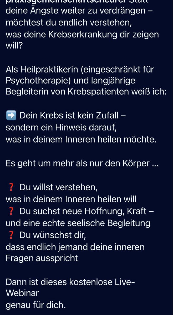 Immer wieder KREBS als Zugpferd‼️

Und das ist der Grund, weshalb ich seit Jahren fordere, die Heilpraktiker Ausbildung zu einem mehrjährigen Studium mit einheitlichem Examen umzuformen, oder besser diesen Scharlatenerie Beruf ganz abzuschaffen!

So etwas macht mich so wütend!