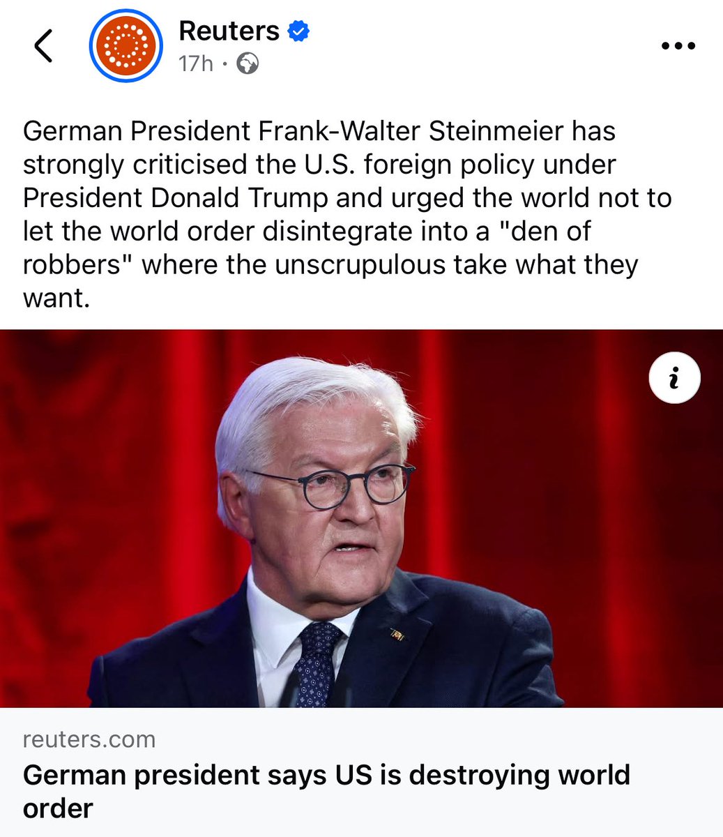 Glenn_Diesen's tweet image. Steinmeier argues that the world order has denigrated into a “den of robbers.” But what has really changed is that the US is decoupling from Europe. Under the collective hegemony of the Political West after the Cold War, Europeans participated in the illegal attack on Yugoslavia,…