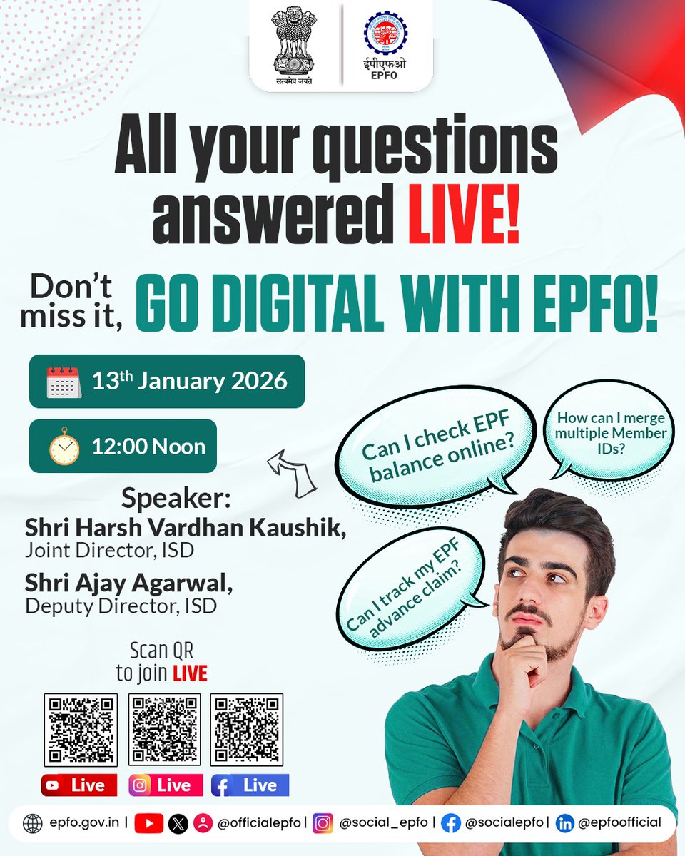 officialepfo's tweet photo. 💬 Have questions about Digital Services of EPFO, but aren’t sure where to get the right answers?

EPFO is answering them LIVE! 🔴

Join our special Live Session on EPFO Digital Services for employers and employees and get clear, authentic information straight from EPFO experts.

#EPFO #EPFOWithYou #HumHainNa #EPFOLive

@narendramodi @mansukhmandviya @ShobhaBJP @LabourMinistry @PMOIndia @PIB_India @mygovindia