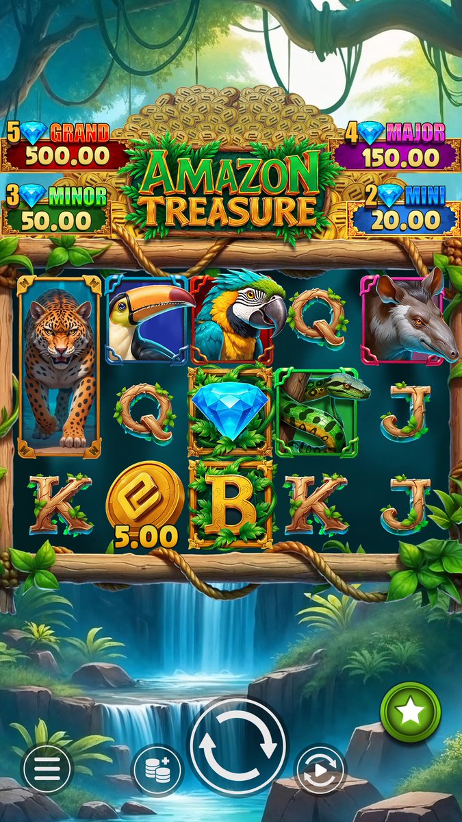 Amazon Treasure is a 5x3 slot with 20 paylines. Stacked wilds boost wins in the base game, while 6+ money or jackpot symbols trigger a Hold + Win Bonus Game with big prizes and jackpots up to x500 the bet. Land 3 scatters to unlock 8 Free Spins, where wilds double your payouts.