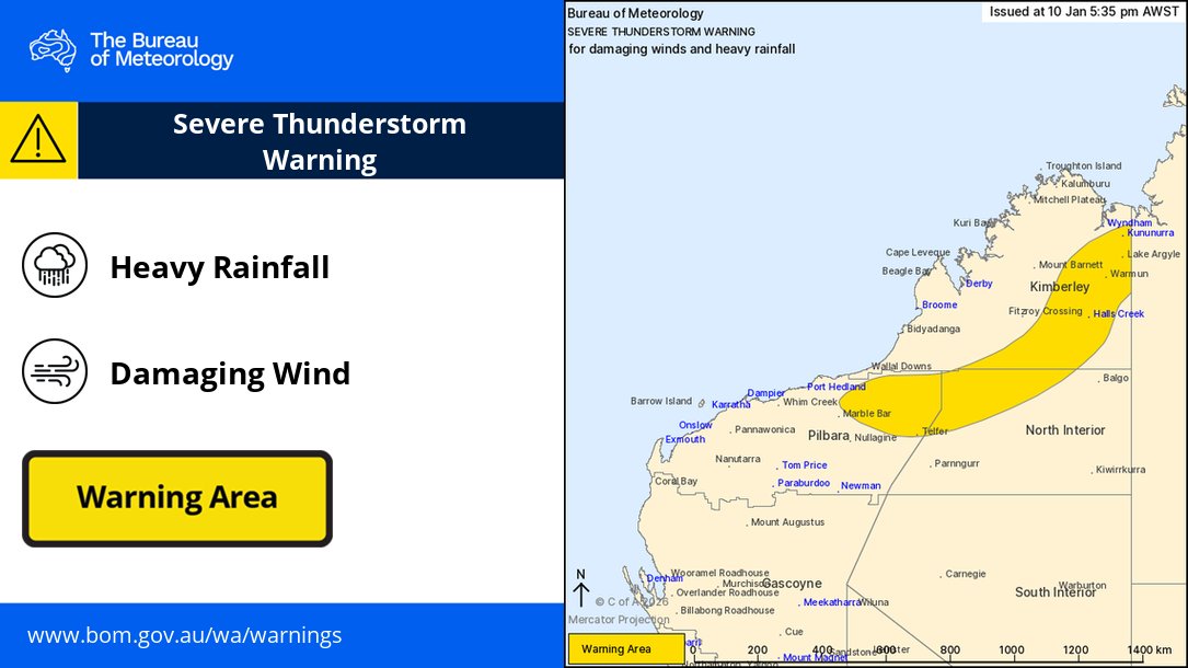 BOM_WA's tweet image. ⚠️⛈️Severe Thunderstorm Warning for #DamagingWinds &amp;amp; #HeavyRain for parts of the Kimberley, Pilbara and North Interior districts.

A warm and unstable atmosphere has triggered thunderstorms along a trough in the north this afternoon.

bom.gov.au/warning/severe…