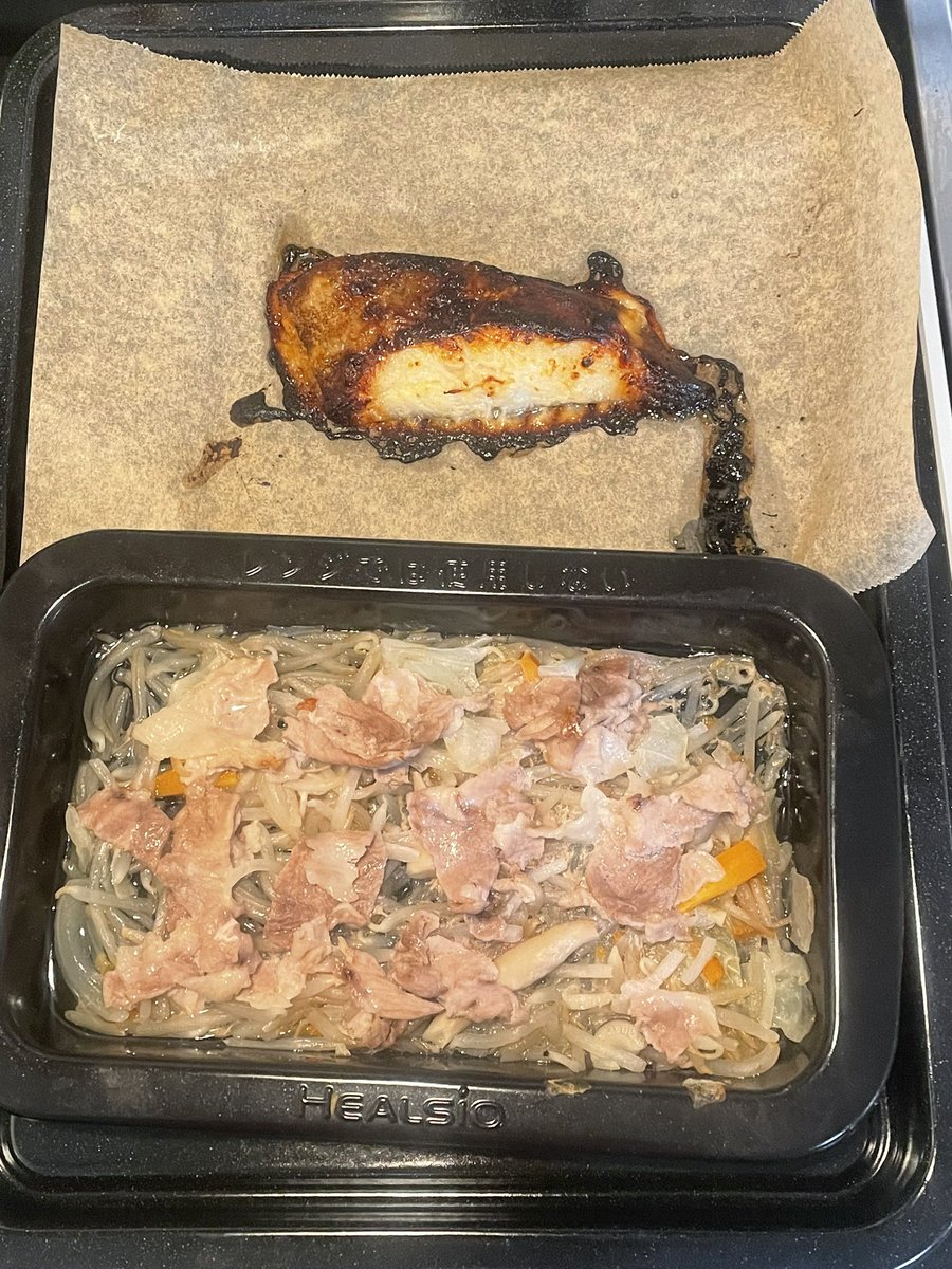 nyailly's tweet photo. ヘルシオが届いたから早速使ってみた！
冷凍庫に眠ってた魚と野菜と肉を適当に並べてボタン押しただけでめっちゃ適切に調理してくれる！！
すごい！！！！感動！！！！！ https://t.co/YqOAinahh8