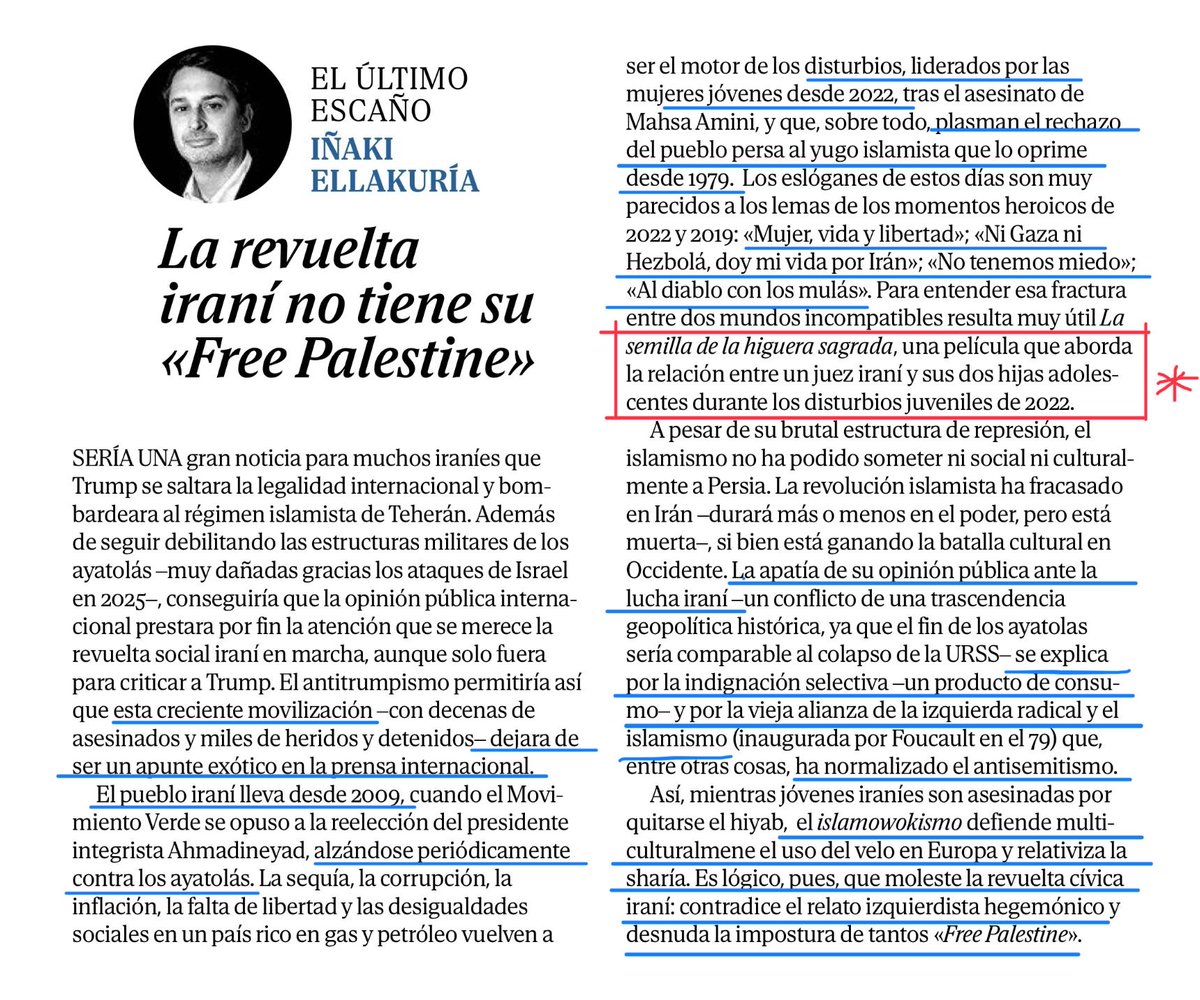 La apatía de la opinión pública en Occidente ante la lucha iraní “se explica por la indignación selectiva -un producto de consumo-y por la vieja alianza de la izquierda radical y el islamismo”
Brillante ⁦<a href="/iellakuria/">Iñaki Ellakuria 🌻🇪🇺</a>⁩ 
Incluye recomendación cinematográfica
⁦<a href="/elmundoes/">EL MUNDO</a>⁩