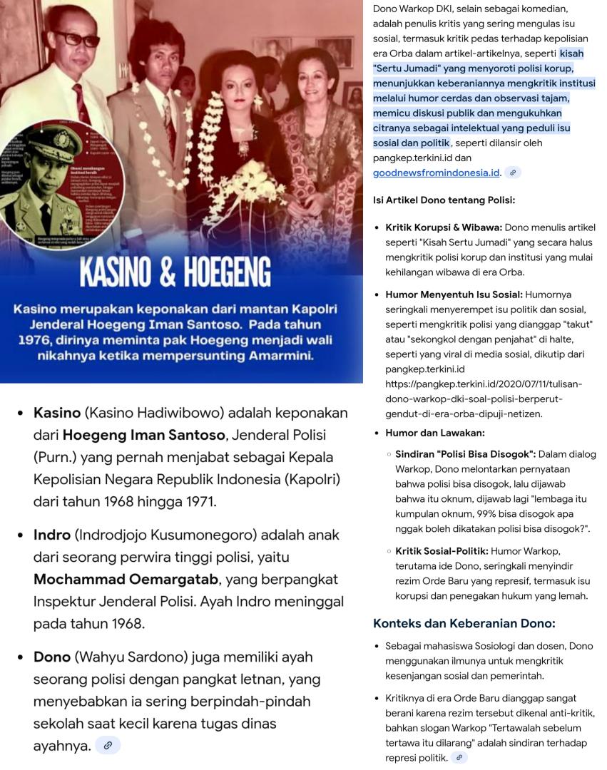 gumpnhell's tweet photo. Yg menarik latar belakang keluarga Dono Kasino Indro. Ke-tiga2-nya punya hubungan dgn polisi (meski yg Dono polisi 'biasa').

Dono sendiri beberapa kali menulis artikel 'kritik' soal aparat. Yg paling terkenal Kisah Sertu Jumadi yg dimuat di Majalah Forum 1993. https://t.co/MZZjA29SOC