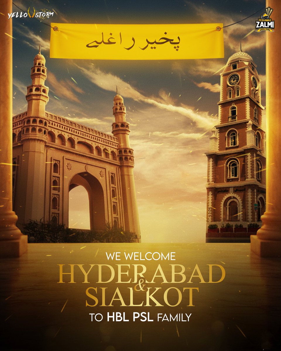 From the heart of Peshawar, we warmly welcome 𝐇𝐲𝐝𝐞𝐫𝐚𝐛𝐚𝐝 &amp; 𝐒𝐢𝐚𝐥𝐤𝐨𝐭 to the #HBLPSL family. 💛🔥

Together, let’s take the league to another level.

#HBLPSL #Zalmi #YellowStorm #ZalmiXLegacy