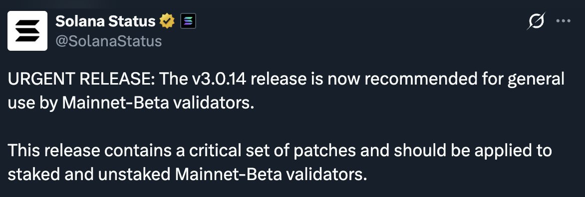 solana_daily's tweet image. 🚨 Solana Network Update
According to @SolanaStatus, Solana v3.0.14 is now recommended for general use by all Mainnet-Beta validators.
This update includes critical patches and should be applied immediately by both staked and unstaked validators to ensure network stability and…