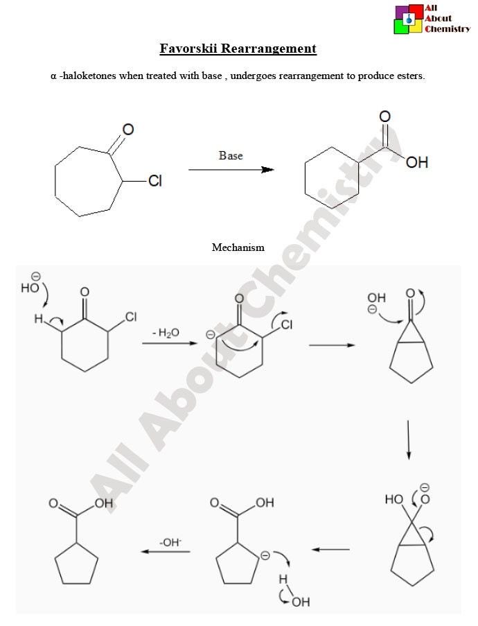 إعادة ترتيب فافورسكي (Favorskii Rearrangement):
تفاعل عضوي تتحول فيه الألفا-هالوكيتونات عند معالجتها بقاعدة قوية إلى إسترات (أو أحماض/أملاحها)، عبر إعادة ترتيب للسلسلة الكربونية غالبًا بوسيط سيكلوبروبانول.
مهم في تخليق الإسترات وإعادة بناء الهياكل الكربونية.
#Chemistry #تفاعلات