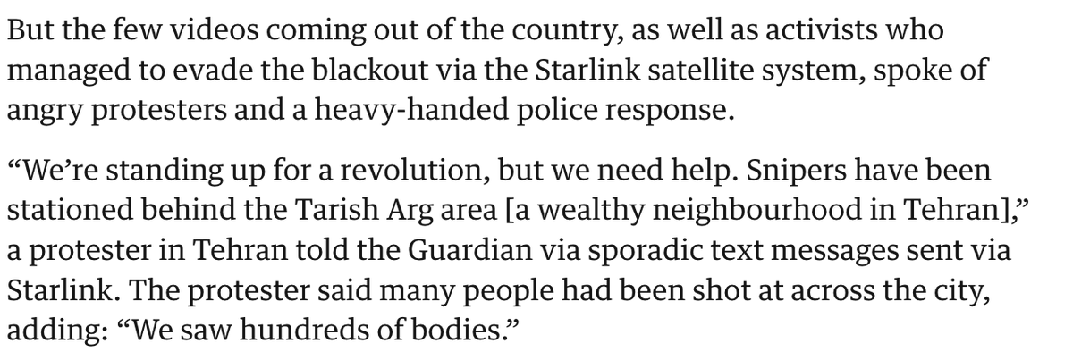 A protester in Tehran told the Guardian that many people have been shot in the city: "Snipers have been stationed... We saw hundreds of bodies"

Another activist in Tehran says security forces opened fire at protesters, adding that they saw "a very high number killed"